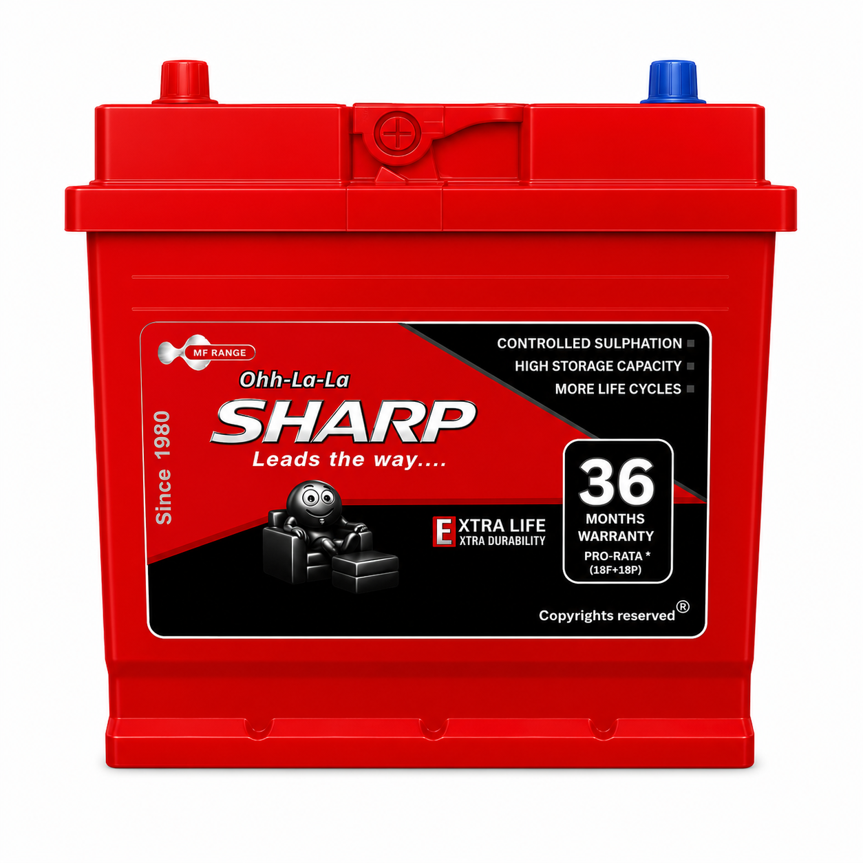 SHARP MF Range red automotive battery for cars and SUVs — authentic product photograph